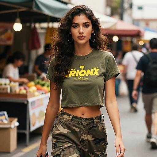 Photograph of a confident, dark-haired woman with long, wavy hair, wearing a green 
