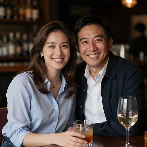Photograph of a smiling Asian couple in a dimly lit bar, woman in light blue button-up, man in black jacket, holding drinks and wine