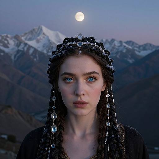 Photograph of a young woman with fair skin, blue eyes, and dark braided hair adorned with silver beads, wearing a headpiece, against a
