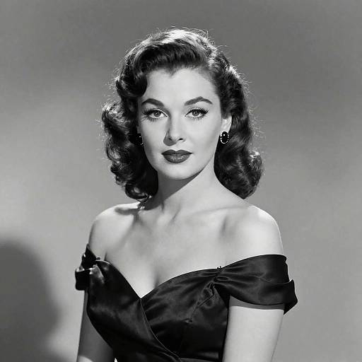 Black-and-white photograph of a 1940s-style woman with wavy hair, dark lipstick, off-shoulder black dress, and hoop earrings