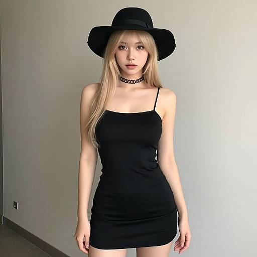 Photograph of a young Asian woman with long blonde hair, wearing a black hat, choker, and tight black spaghetti strap mini dress, standing against