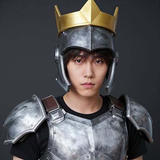 Photograph of an Asian teenage boy with straight black hair, wearing silver medieval armor and a gold crown, against a dark gray background. Serious expression,