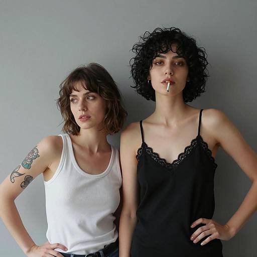 Two Women Posing Against Gray Wall