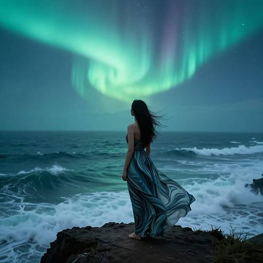 Serene Figure Amid Storm and Auroras