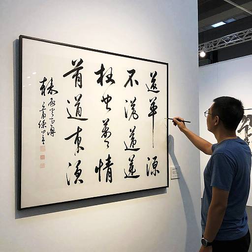 Photograph of an Asian woman with glasses, wearing a blue shirt, pointing at a large, white-framed Chinese calligraphy painting on a white wall