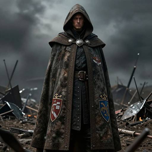 Photograph: Brooding man in dark, hooded, medieval cloak with detailed embroidery and emblems, standing amidst a war-torn, smoky