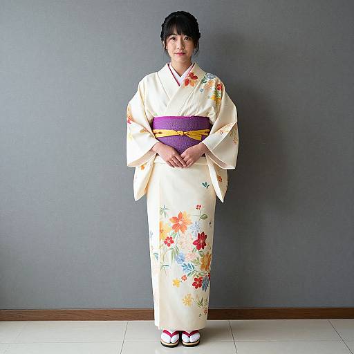 Photograph of an Asian woman in a white floral kimono with purple obi, black hair in an updo, standing against a gray wall,