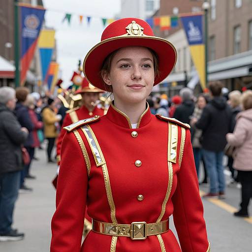 Photograph of a young woman in a vibrant red military-style uniform with gold trim, red hat, and white insignia, standing confidently in a bustling