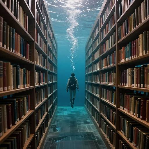 Photograph of a lone underwater figure swimming between two tall, wooden bookshelves filled with colorful books in a library.