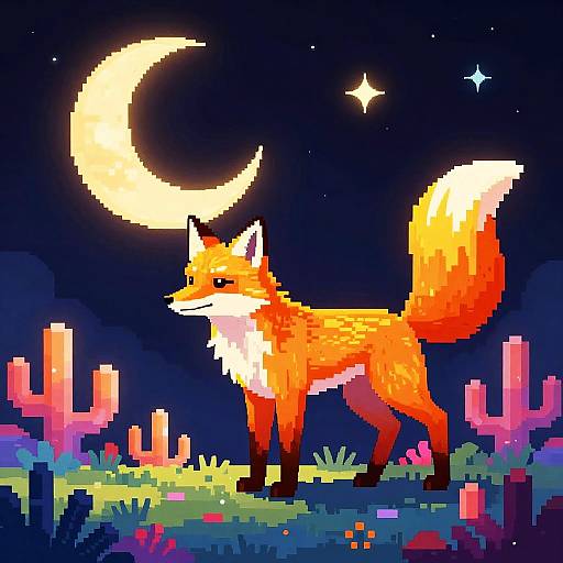 Pixel art of a vibrant orange fox with white-tipped tail, standing under a glowing crescent moon, surrounded by colorful cacti and flowers in
