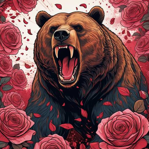 Dynamic Roaring Bear Among Floral Blooms