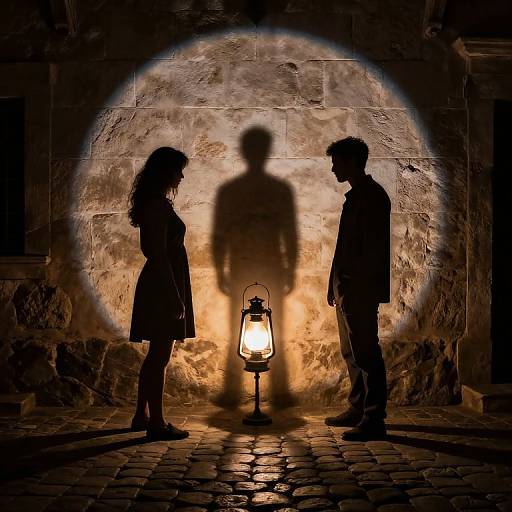 Silhouettes Beneath Circular Lantern Light