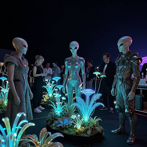 Photograph of three glowing, futuristic, humanoid figures in metallic armor, standing among illuminated, blue, alien-like plants in a dark, sci-fi exhibit