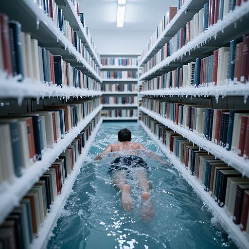 Photograph: A shirtless man with dark hair, wearing black swim trunks, swims through a narrow aisle of bookshelves filled with water and