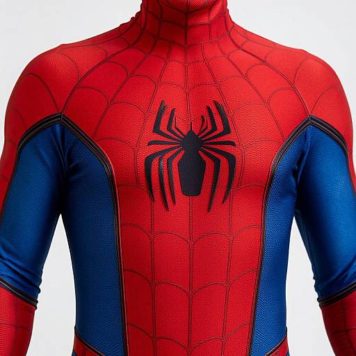 Photograph of a red and blue Spider-Man costume with black web patterns and a spider emblem on the chest.