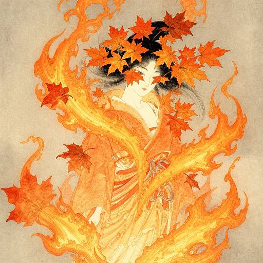 Digital artwork of a fiery explosion with vibrant orange and red flames, intertwined with red maple leaves, set against a textured beige background.