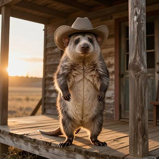 Photograph of a meerkat standing on a wooden porch, wearing a cowboy hat, at sunset, with a rustic wooden house background.