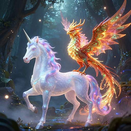 Digital fantasy artwork of a glowing white unicorn with a rainbow mane and tail, ridden by a fiery, winged phoenix in a mystical forest.