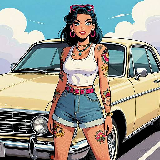 Colorful digital artwork of a tattooed woman with dark hair, wearing a white tank top, denim shorts, and red earrings, standing confidently in front