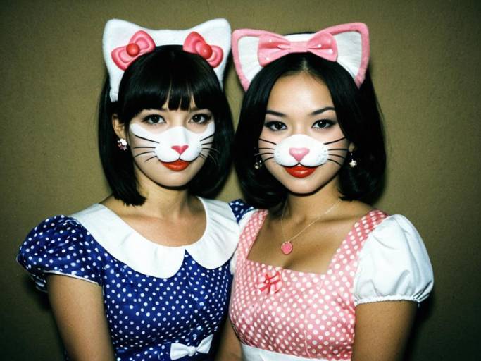 Two Women in Hello Kitty Costumes with Face Paint