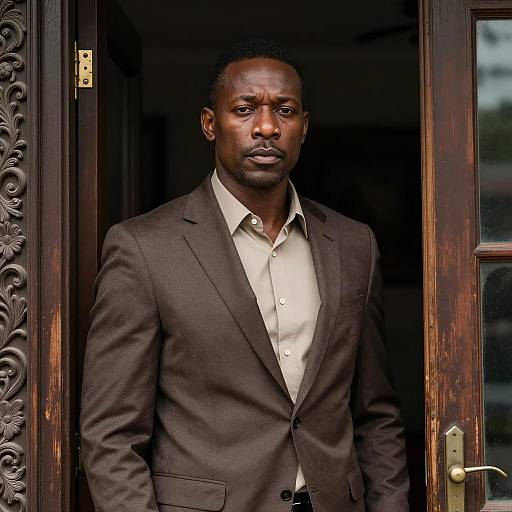 Serious Man in Dimly Lit Doorway