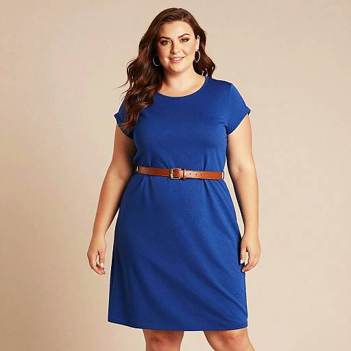 Plus Size Woman in Blue Dress with Brown Belt