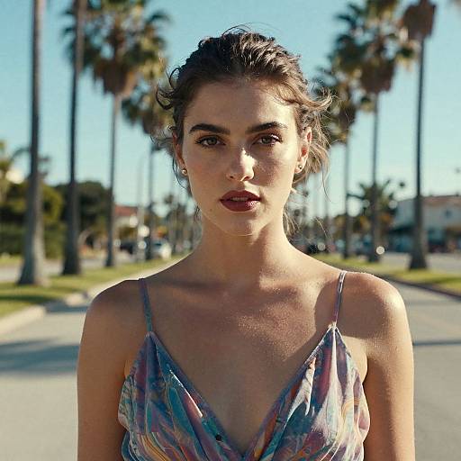 Photograph of a young woman with fair skin, dark hair in a loose bun, wearing a low-cut, colorful sundress, standing on a sun