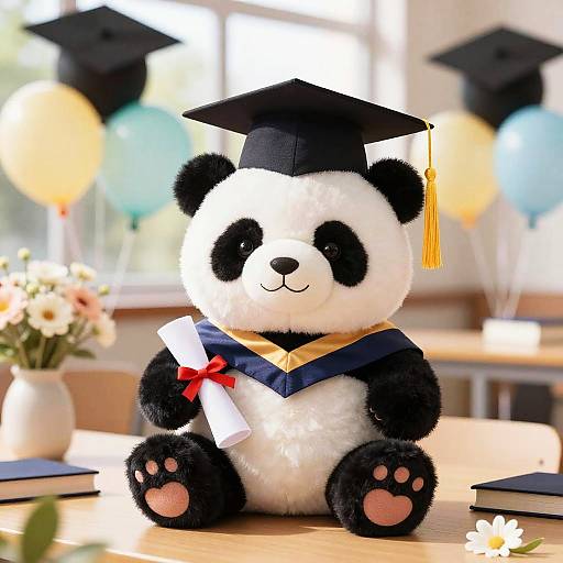 Photograph of a cute, fluffy panda stuffed animal wearing a black graduation cap and blue gown with yellow ribbon, holding a diploma, sitting on a wooden