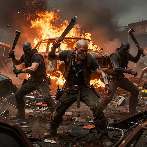 Photograph of three muscular, bald, tattooed men in black tactical gear, wielding knives, standing in front of a blazing car wreckage.