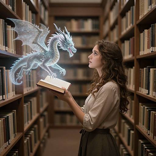 Young woman with long brown hair, wearing a white blouse and black skirt, conjures a glowing blue dragon from an open book in a dimly lit