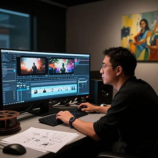 Photograph of an Asian man with short black hair, wearing glasses and a black shirt, editing video on dual computer monitors in a dimly lit room