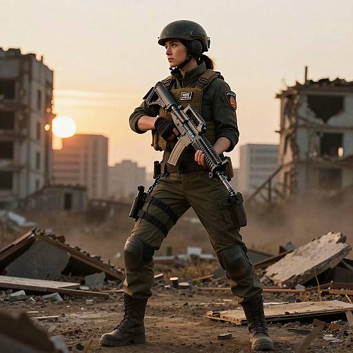 Photograph of a female soldier in full tactical gear, helmet, and holding an assault rifle, standing amidst ruins at sunset in a war-torn city