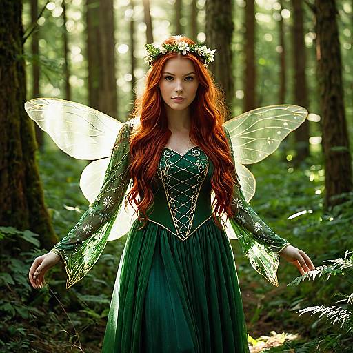 Red Haired Fairy in Green Dress with Wings