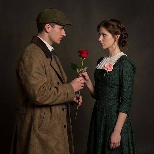 Photograph of a man in a brown coat and flat cap, handing a red rose to a woman in a dark green dress with a pink rose bro