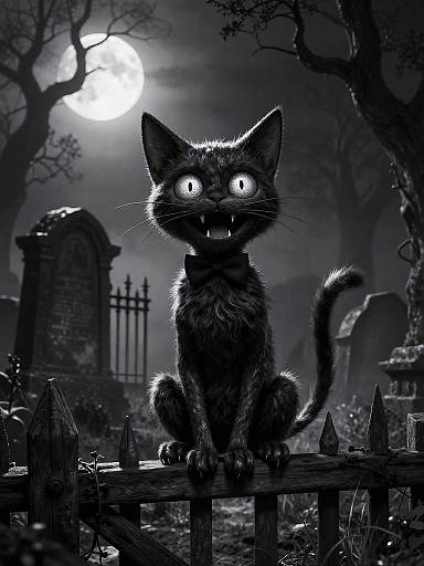 Digital artwork of a glowing-eyed, black cat sitting on a spooky graveyard fence under a full moon, surrounded by eerie trees and tombstones.