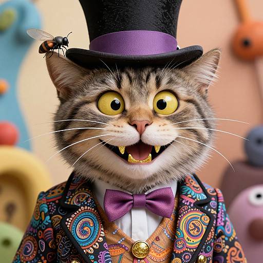 Photorealistic image of a startled tabby cat in a colorful paisley suit, purple bow tie, and black top hat, with a bee on