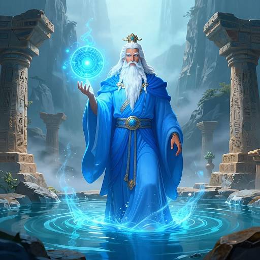 Magical, bearded wizard in blue robes, holding glowing blue orb, standing in water, surrounded by ancient ruins and misty mountains. Digital art