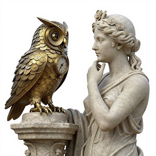 Photorealistic digital artwork of a detailed white marble statue of a classical woman gazing at a gold and brown owl perched on a pedestal.