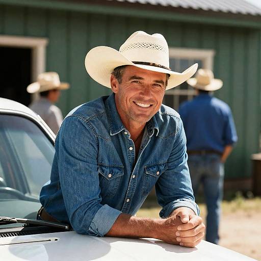 Smiling Man in Cowboy Hat by Car