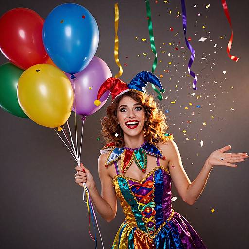 Photograph of a smiling woman in a colorful, sequined jester dress and hat, holding vibrant balloons, with confetti and ribbons falling around