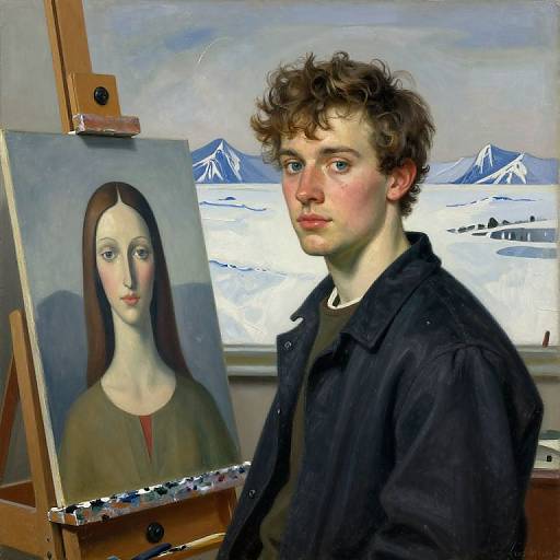 Young man with curly brown hair, wearing dark coat, painting portrait of pale woman with long brown hair, snowy mountain backdrop.