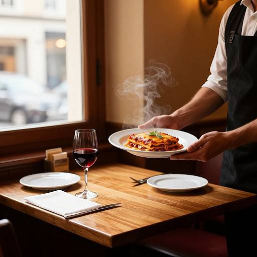 Photograph of a male chef's hands holding a steaming plate of pasta, standing beside a wooden table with a glass of red wine and two empty