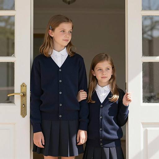 Two Girls in School Uniforms Standing in Doorway