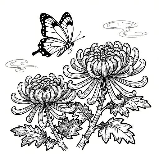 Ukiyoe Butterfly and Chrysanthemum Line Art