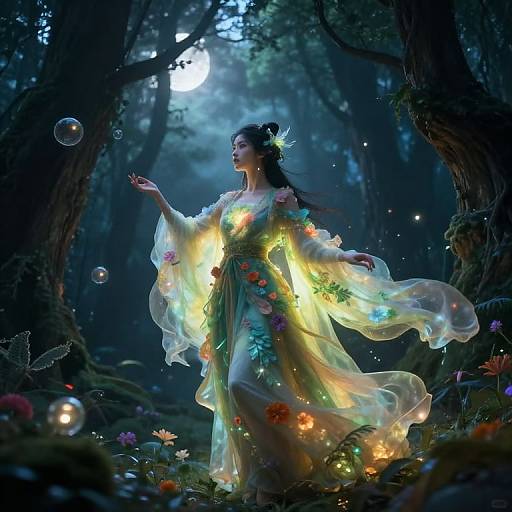 Digital artwork: Enchanted forest, glowing ethereal woman in translucent, flower-adorned dress, releasing bubbles, illuminated by magical lights, moon