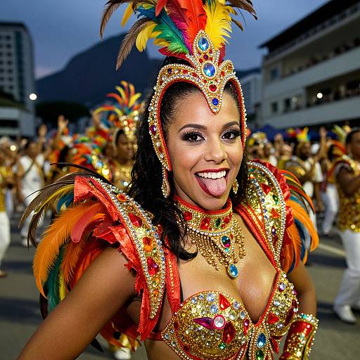 Photograph of a smiling, dark-haired woman in vibrant, ornate Carnival costume with colorful feathers, gold and red embellishments, and blue jewels,