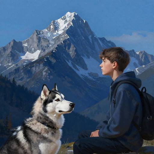 Teen Boy and Husky Mountain Gaze