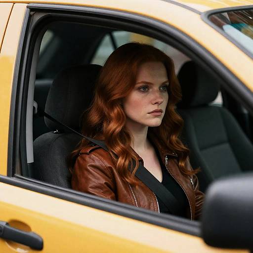 Contemplative Woman in Yellow Taxi