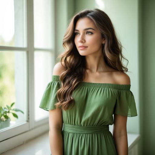 Young Woman in Green Off-Shoulder Dress by Window