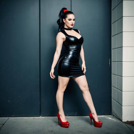 Confident woman in black dress and red heels